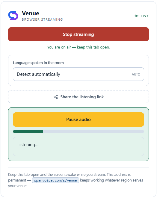 The SpanVoice browser page while streaming, showing the on-air state and the pause control.
