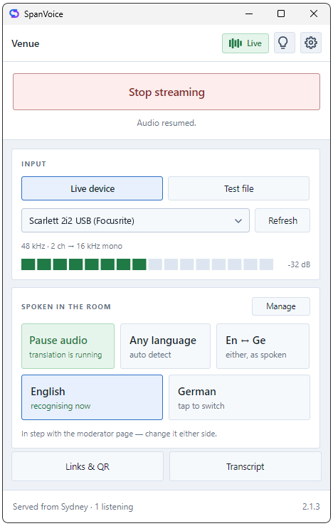 The SpanVoice Windows app while streaming, with a Focusrite interface selected and the level meter showing signal.