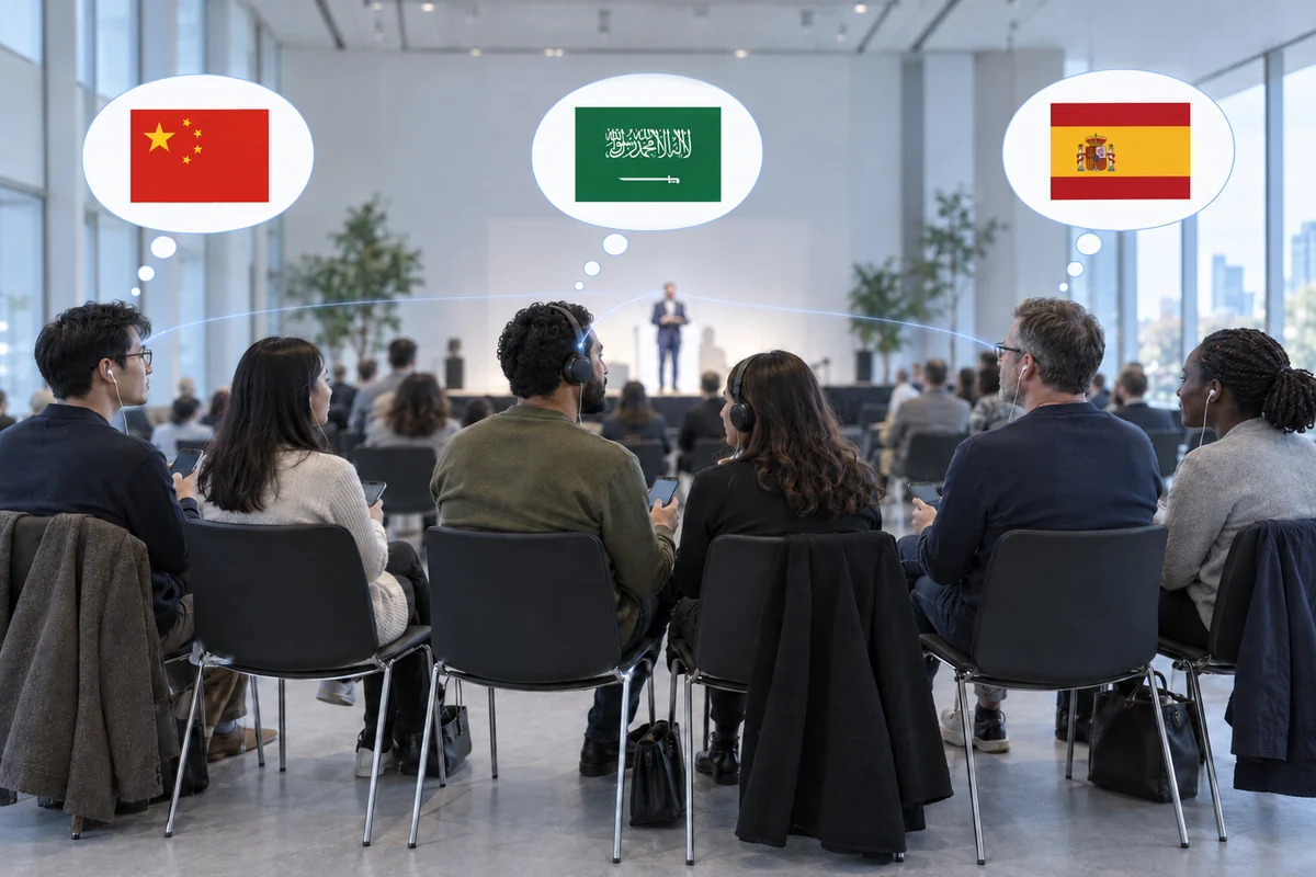 Three pairs in one audience listen through earphones, each pair under a thought bubble with a different flag: China, Saudi Arabia and Spain.