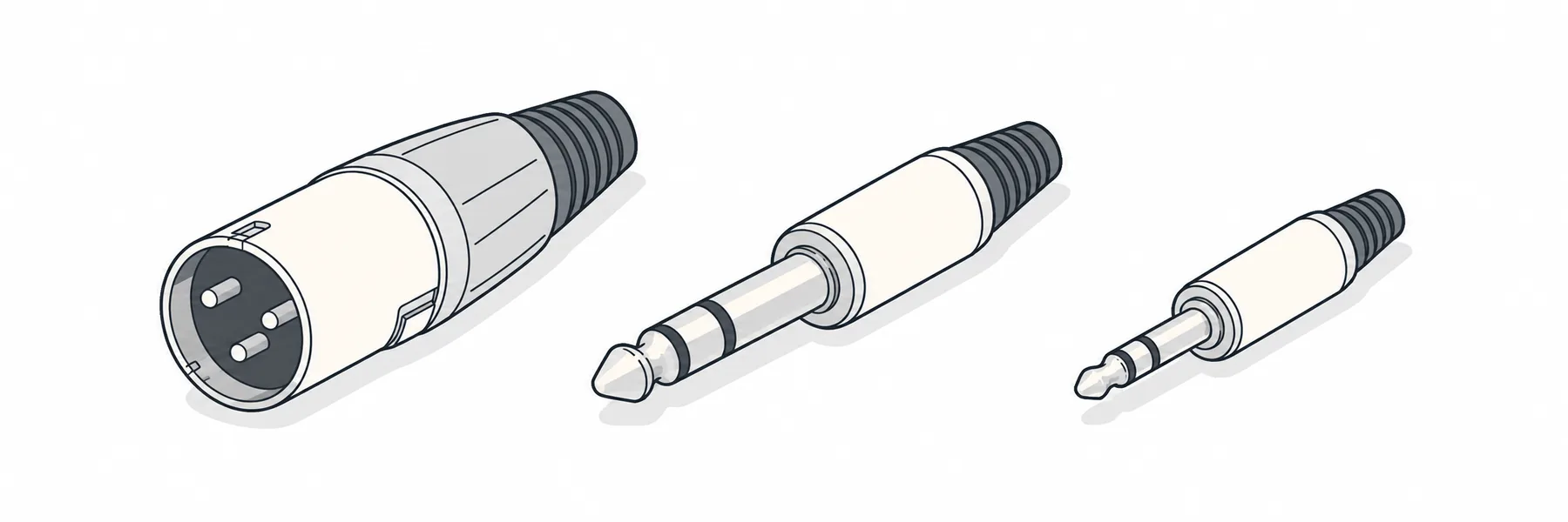 An XLR male plug, a larger 6.35 mm TRS plug and a smaller 3.5 mm TRS plug lie side by side, with three XLR pins and both jack plugs' insulating rings visible.