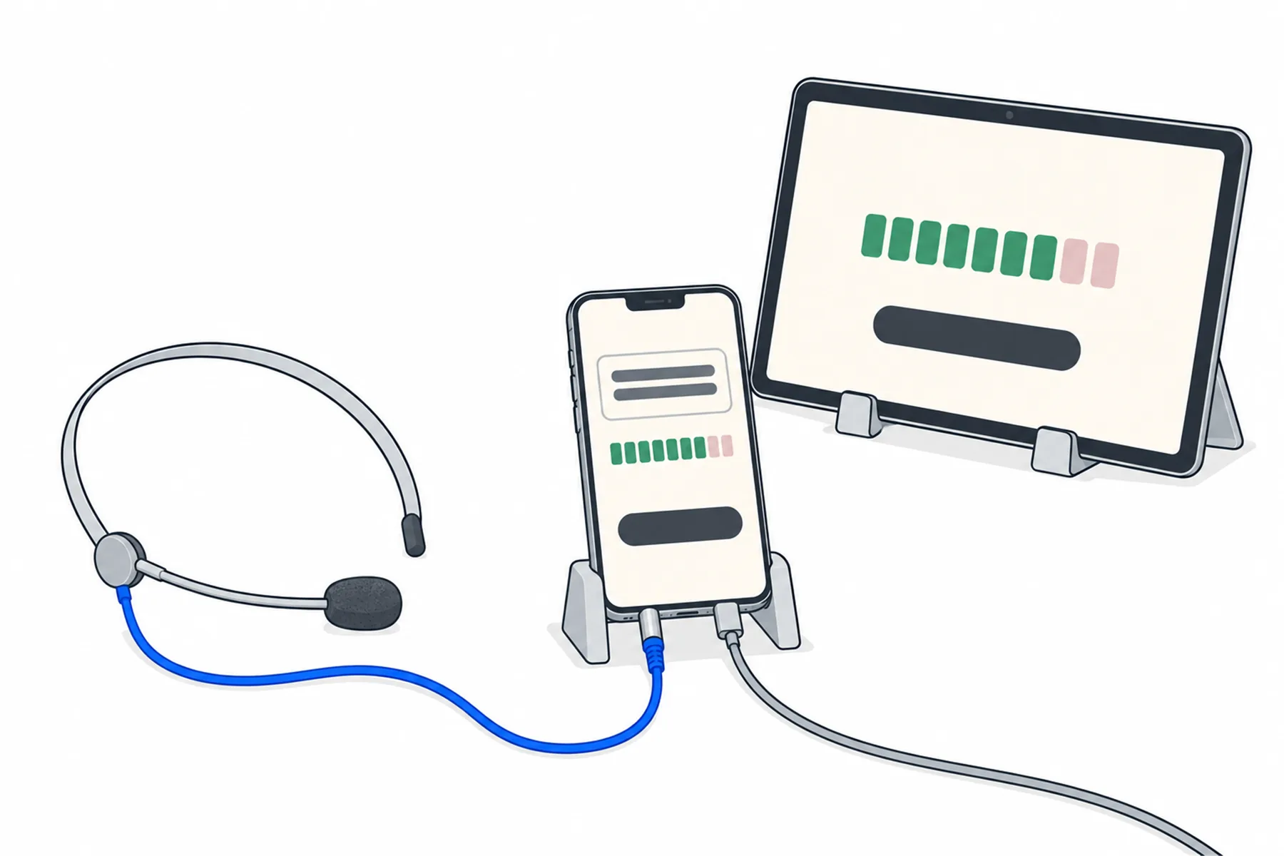 A headset microphone connects by a blue lead to a phone in a stand showing a streaming meter, with a grey charging cable and a tablet showing a similar streaming screen behind it.