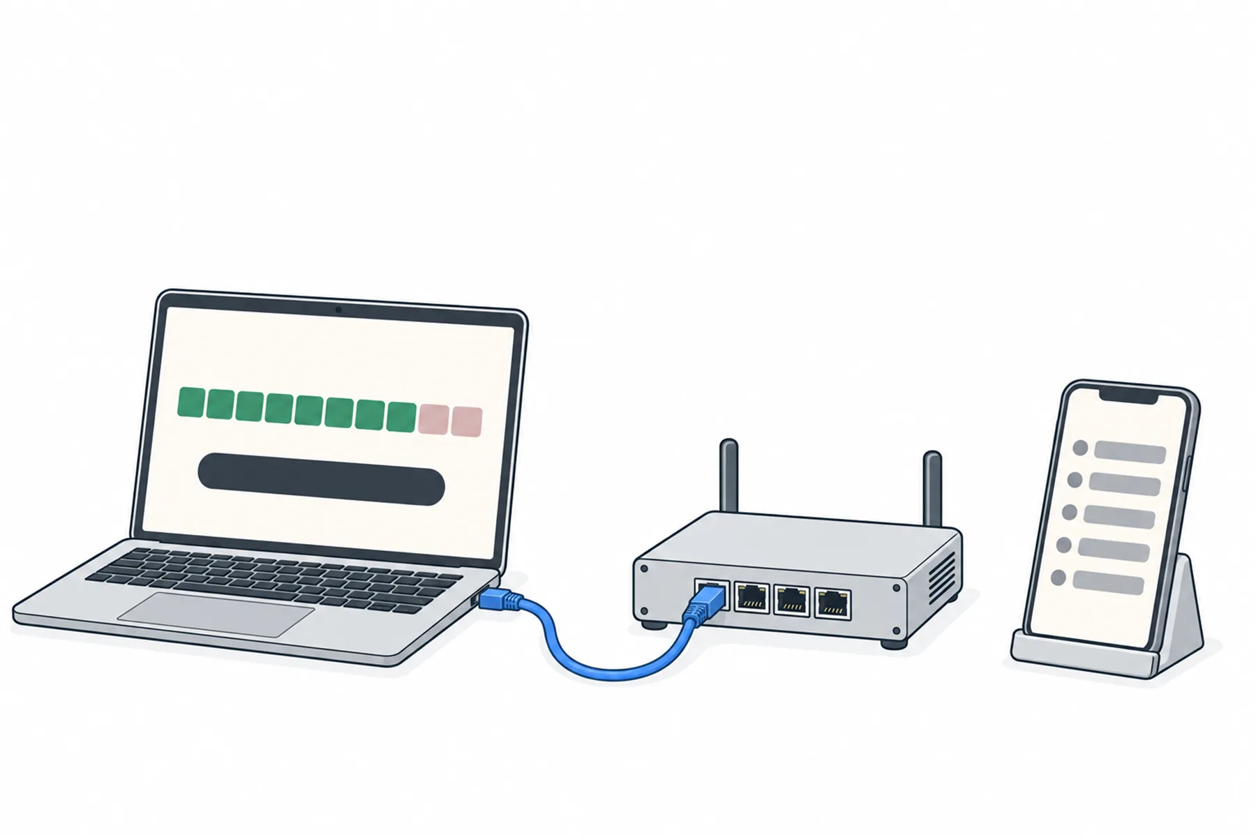 A laptop showing a streaming meter is connected by a blue network cable to a small router, with a phone in a stand beside it showing rows of text.