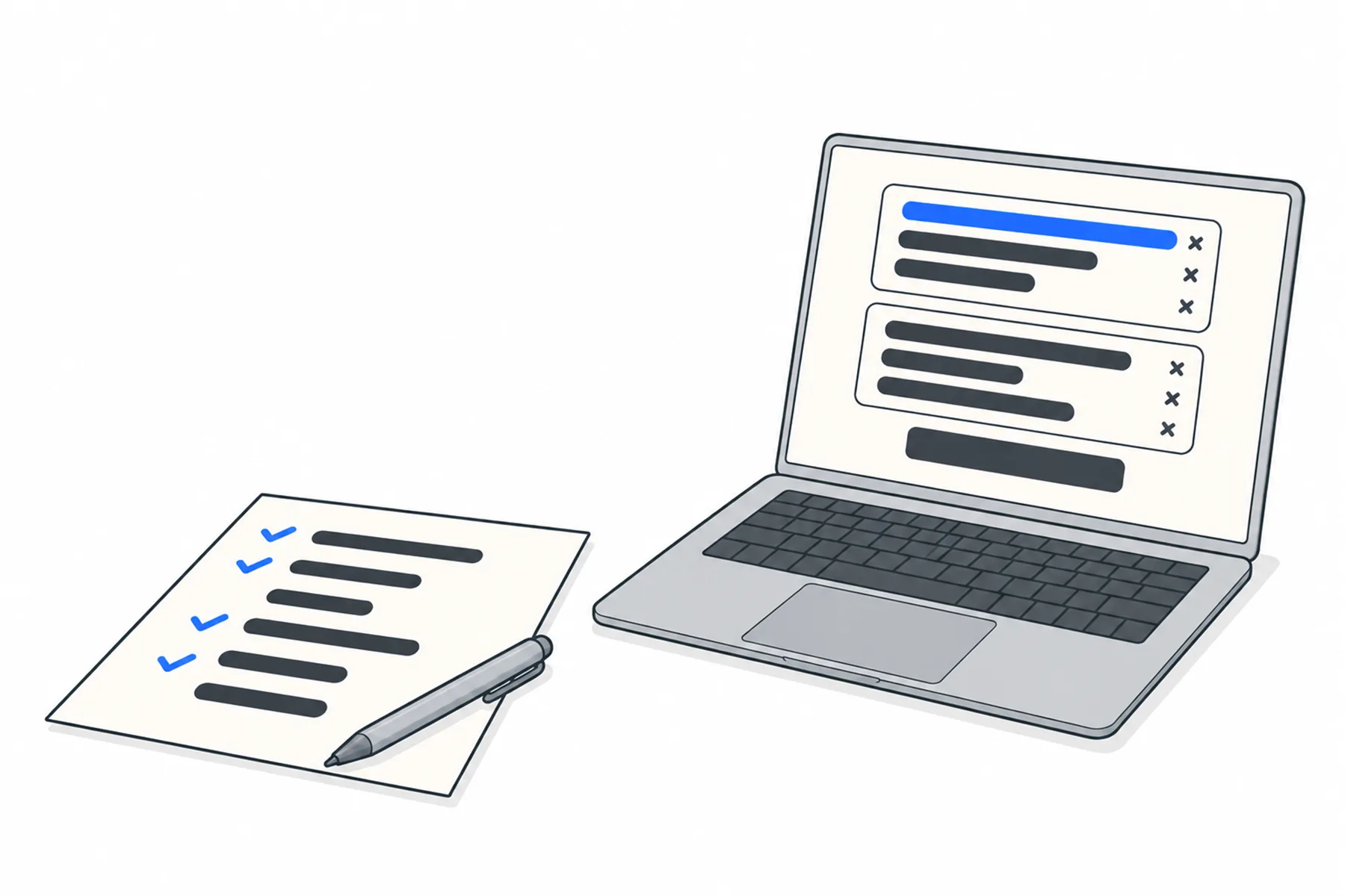 A running-order sheet with ticked lines and a pen lies beside a laptop showing two stacked lists of short rows.