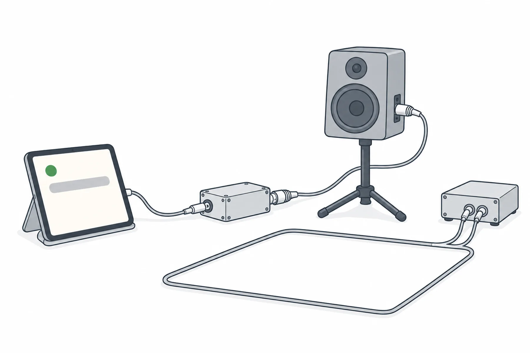 A tablet connects through a small direct box to a powered loudspeaker on a stand, beside a rectangular loop of cable laid on the floor and joined to a separate amplifier box.