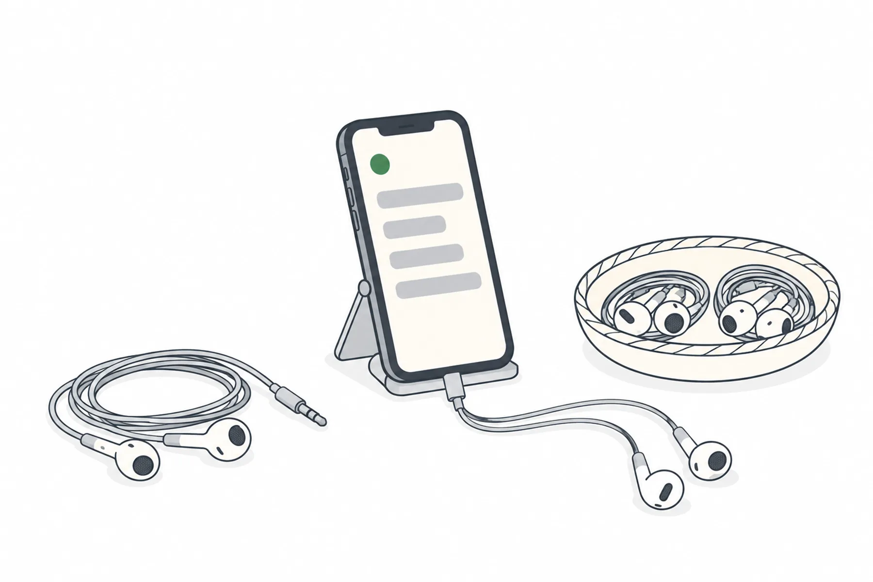 A phone on a folding stand shows lines of text, with wired earphones plugged into its base, beside a loose spare pair and a shallow tray holding two more pairs.
