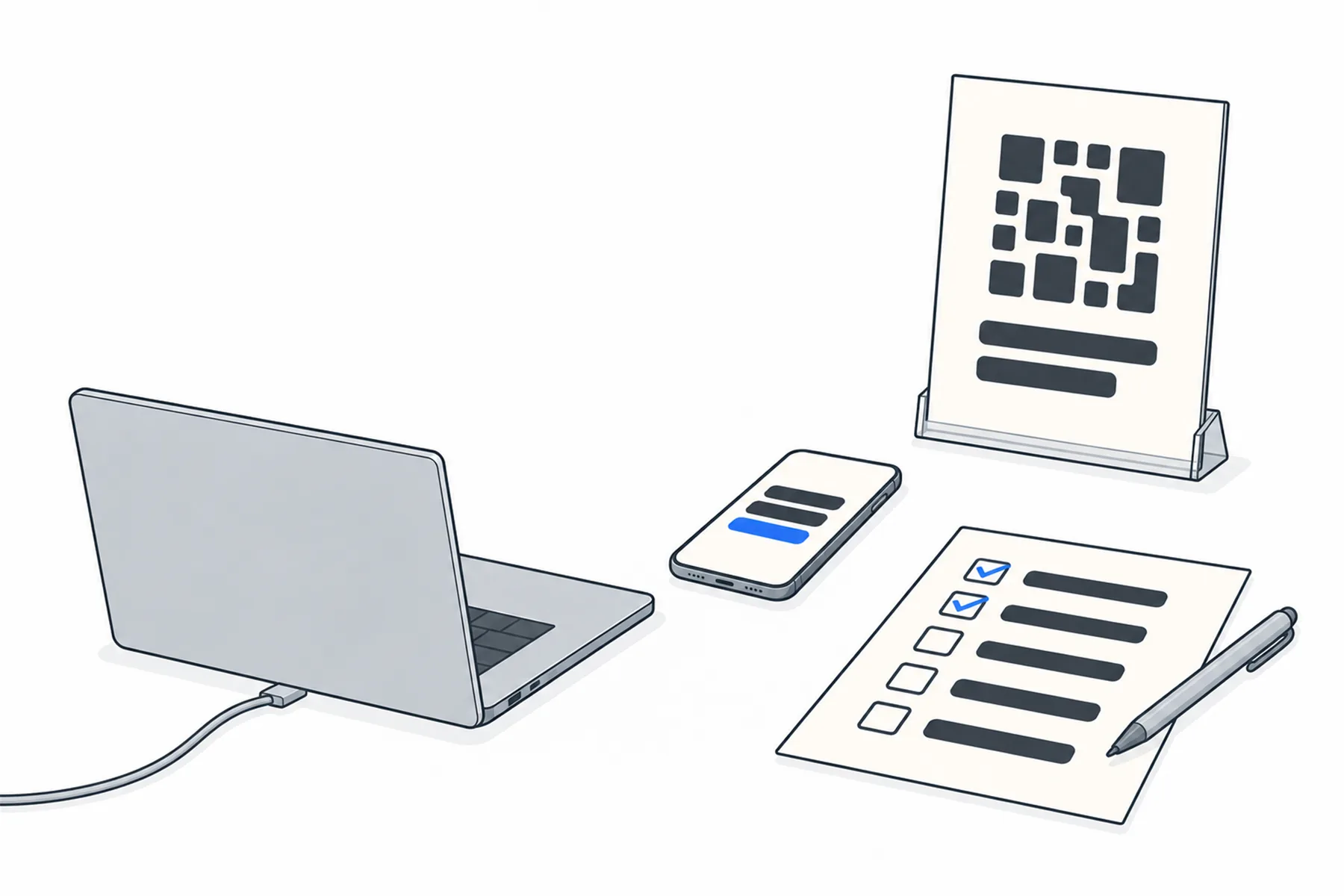 A sign in an acrylic holder sits beside a phone showing caption bars, an open laptop with a grey lead and a five-row checklist with two blue ticks and a pen.