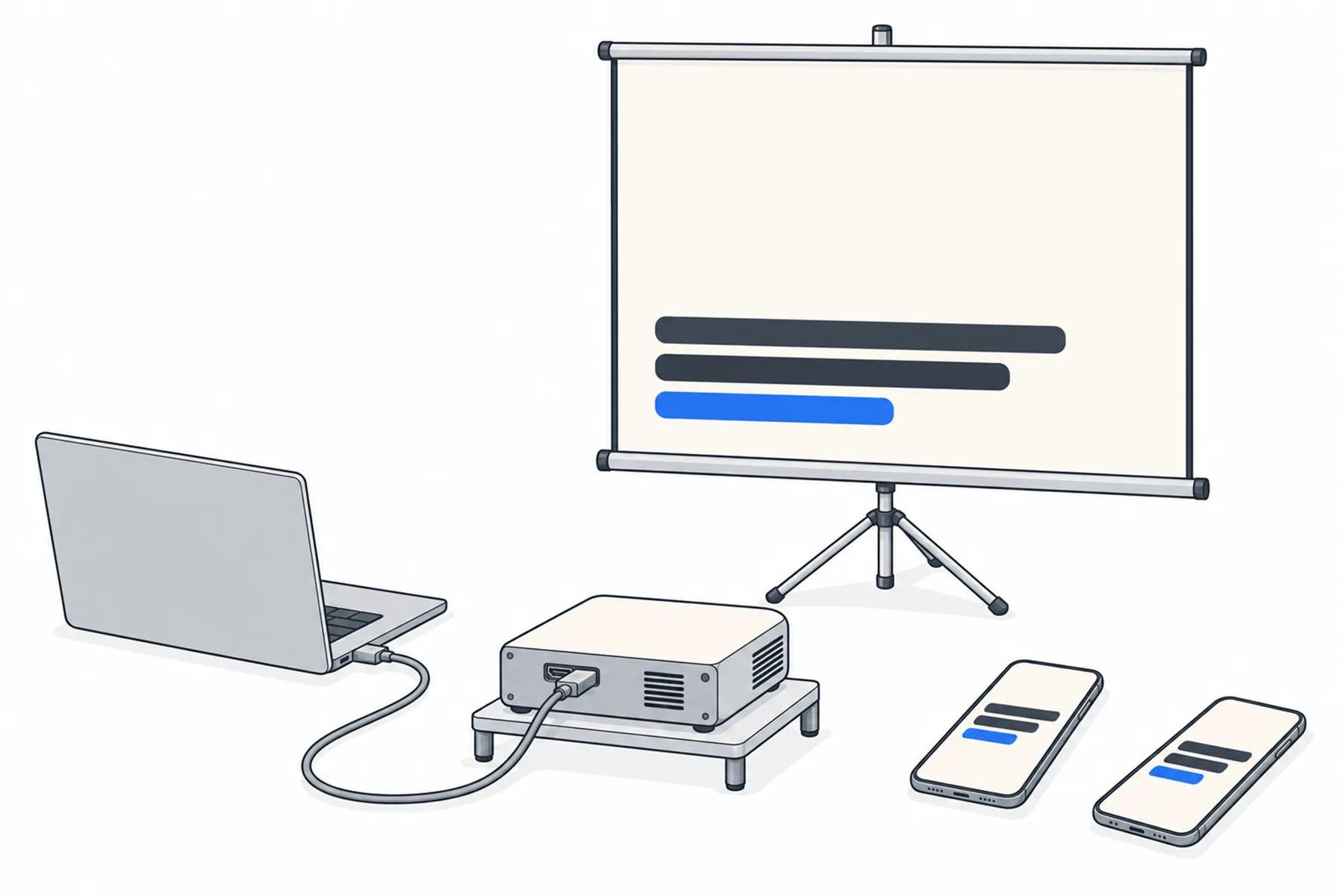 A laptop connects by a grey HDMI cable to a projector aimed at a tripod screen, with two phones beside it showing the same caption bars as the screen.