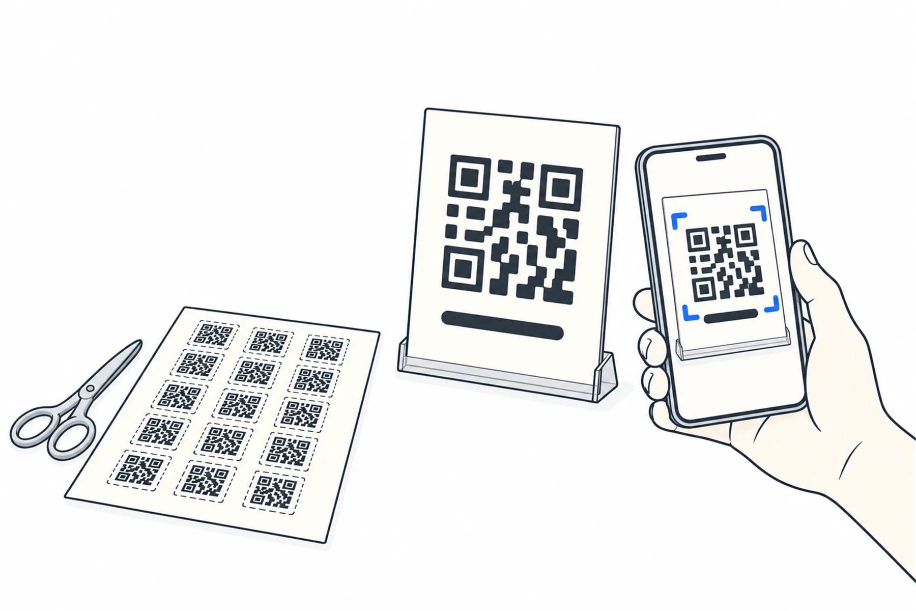 A hand holds a phone up to scan a QR sign on a small stand, beside a printed sheet of fifteen small QR stickers with cutting guides and a pair of scissors.