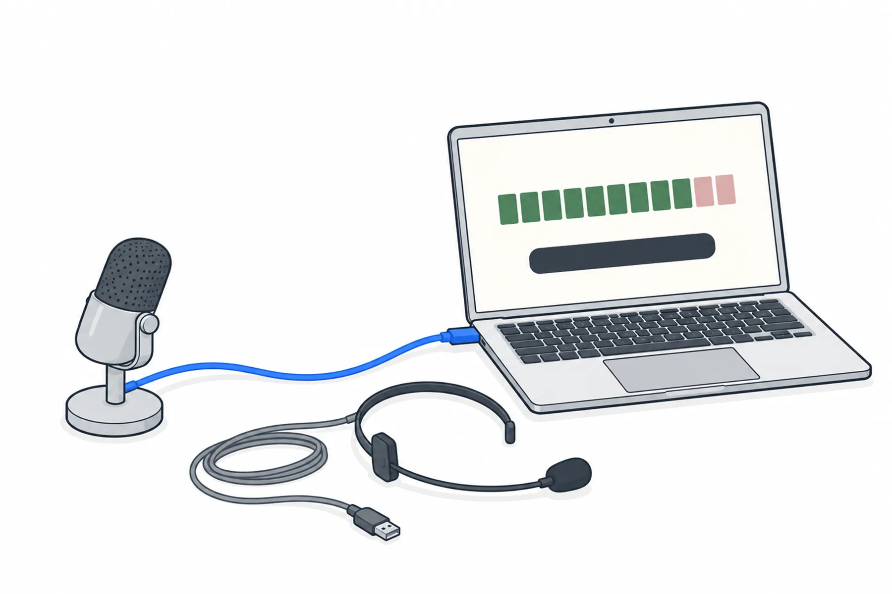 A USB desk microphone is connected by a blue lead to a laptop showing a level meter, with a headset microphone and its loosely coiled grey lead lying in front.