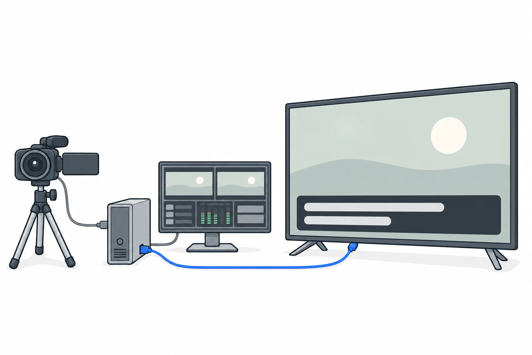 A camera on a tripod feeds a computer and its monitor, which connects by a blue lead to a large television showing the same scene with a dark two-line caption band.
