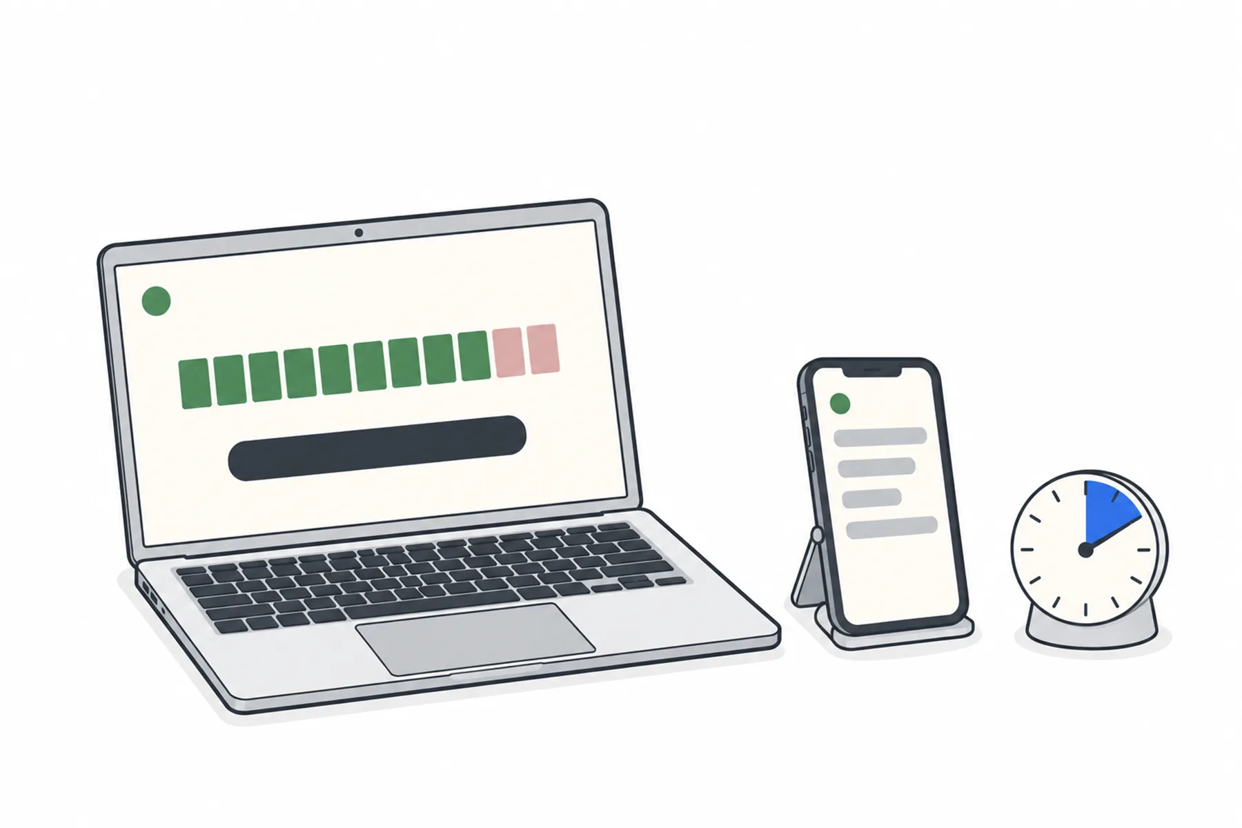 A laptop with a green status light and a level meter stands beside a phone showing lines of text, with a small round timer showing a shaded wedge.