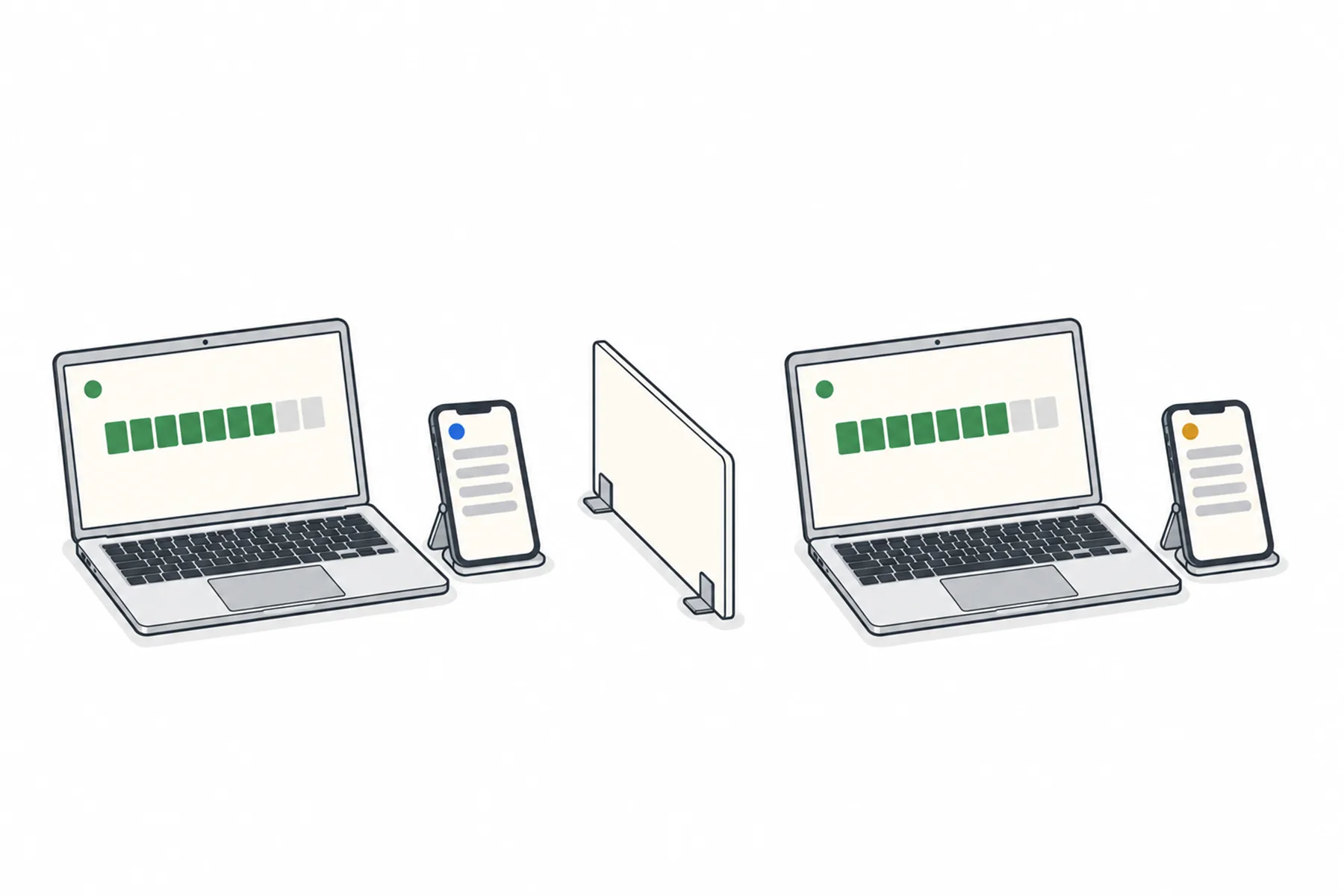 Two matching laptop-and-phone setups stand on either side of a low divider, each laptop showing green level-meter blocks, with a blue dot on one phone and an amber dot on the other.