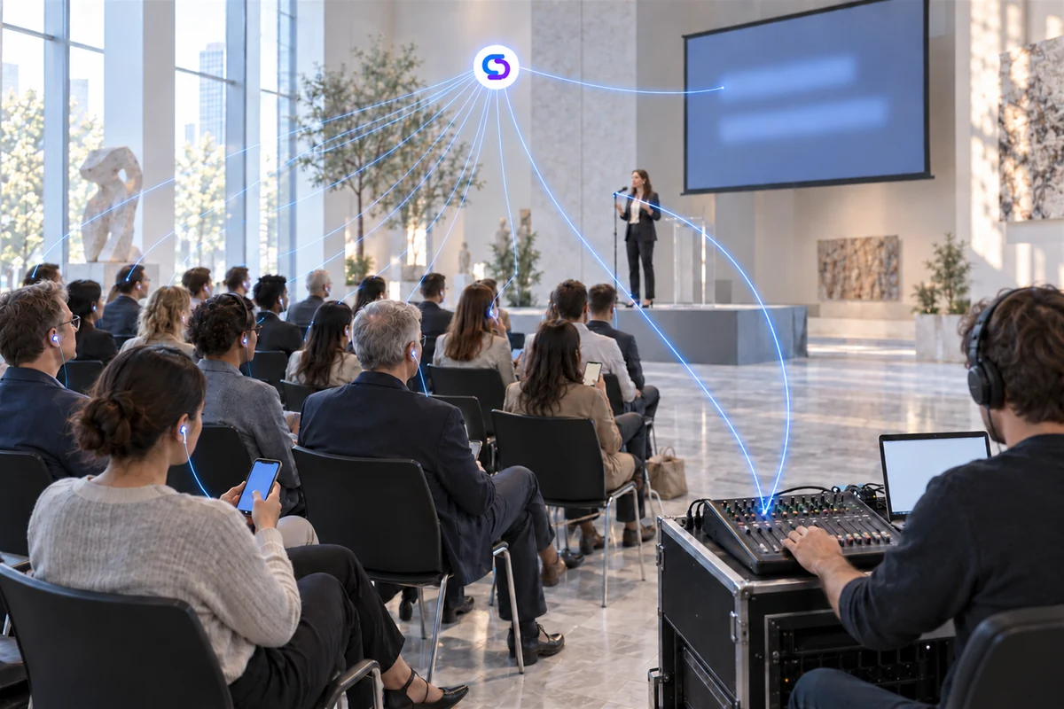 How live translation works in one room: a blue light trail runs from the speaker&rsquo;s microphone to the sound desk, up to the SpanVoice mark above the audience, and out to every listener&rsquo;s earphones and phone and to the caption screen above the stage.