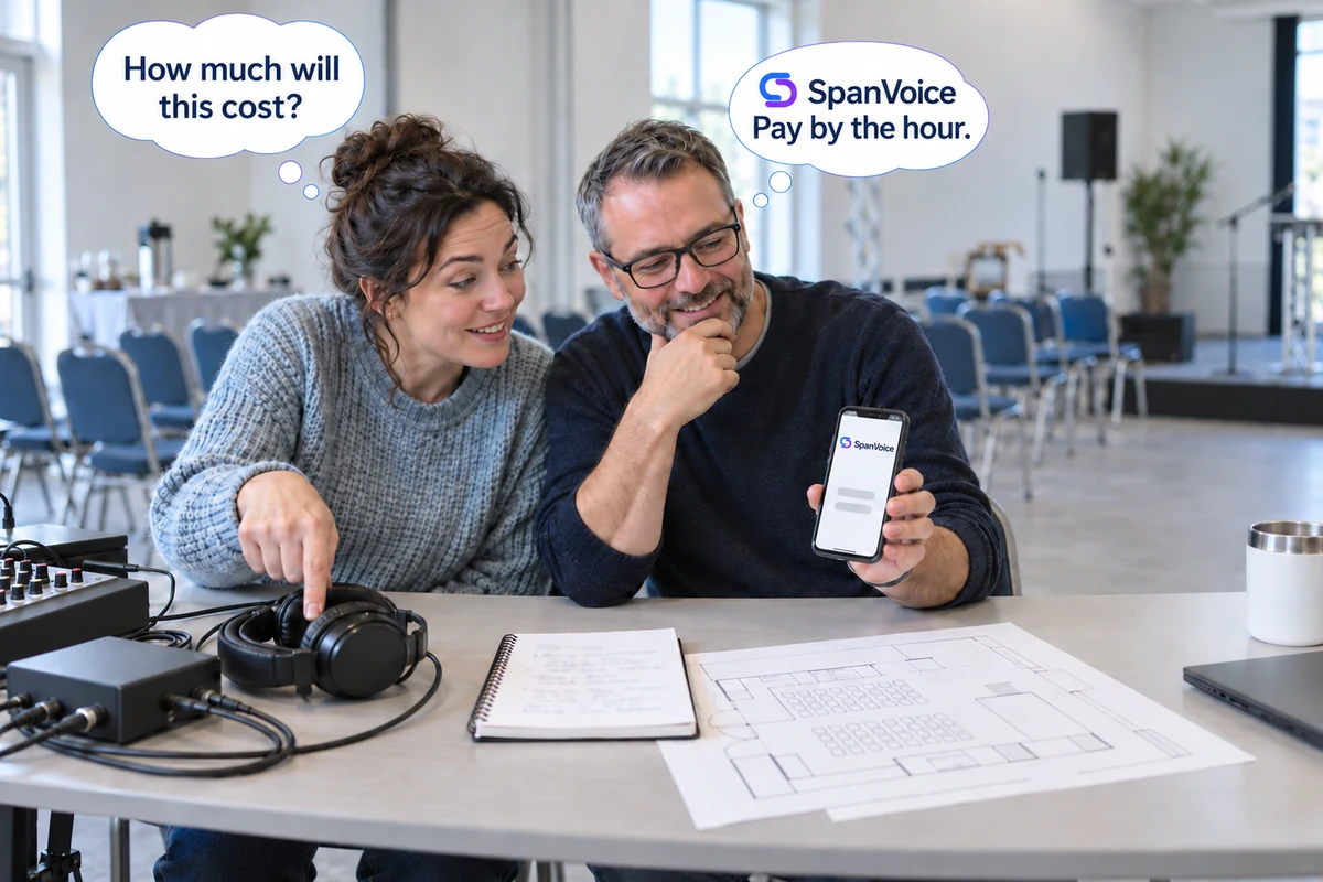Two organisers at a table with headphones, a mixer and a floor plan work out what an event will cost; one asks how much, the other holds up a phone showing SpanVoice.
