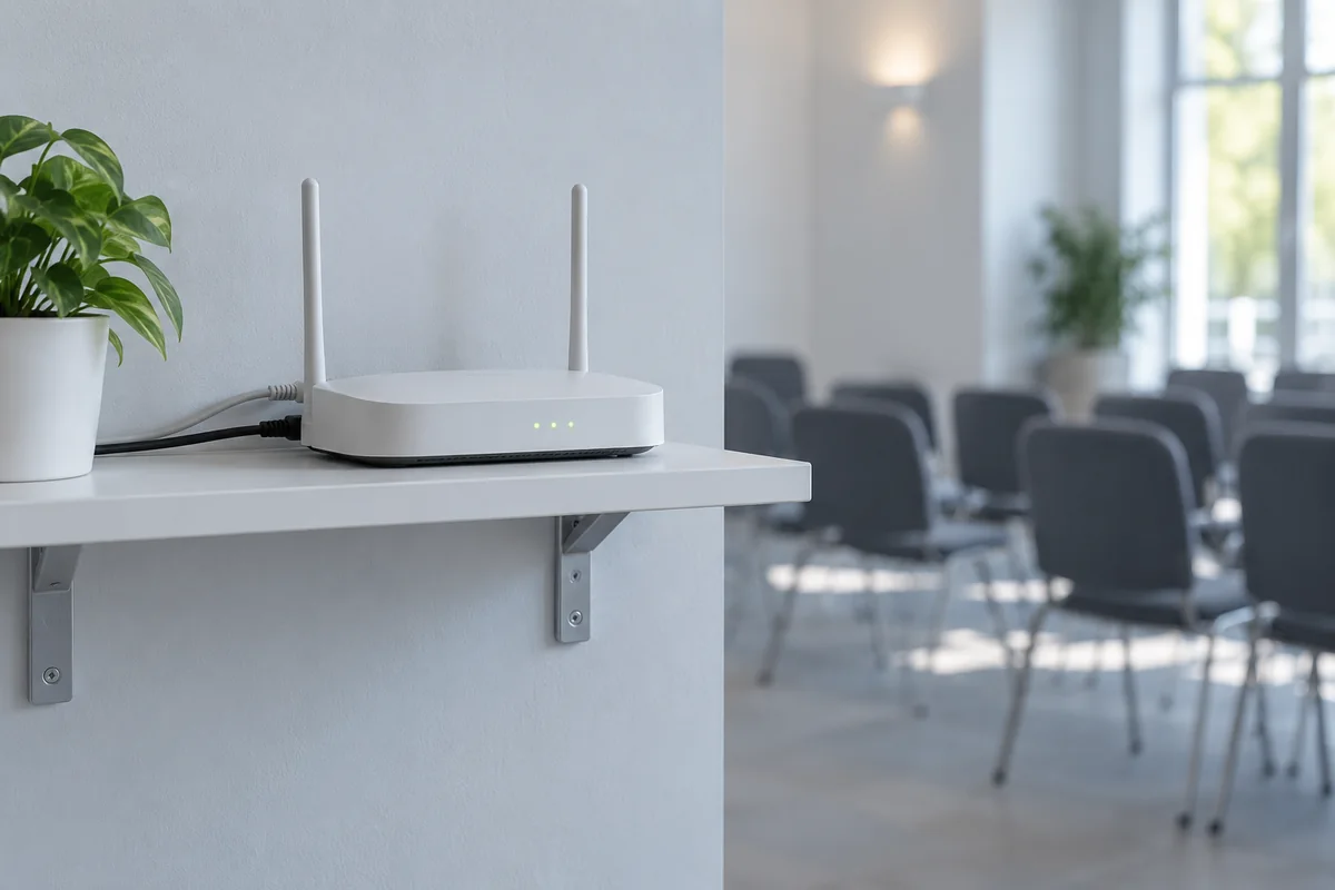 A small wireless router on a shelf in a venue, status lights on.