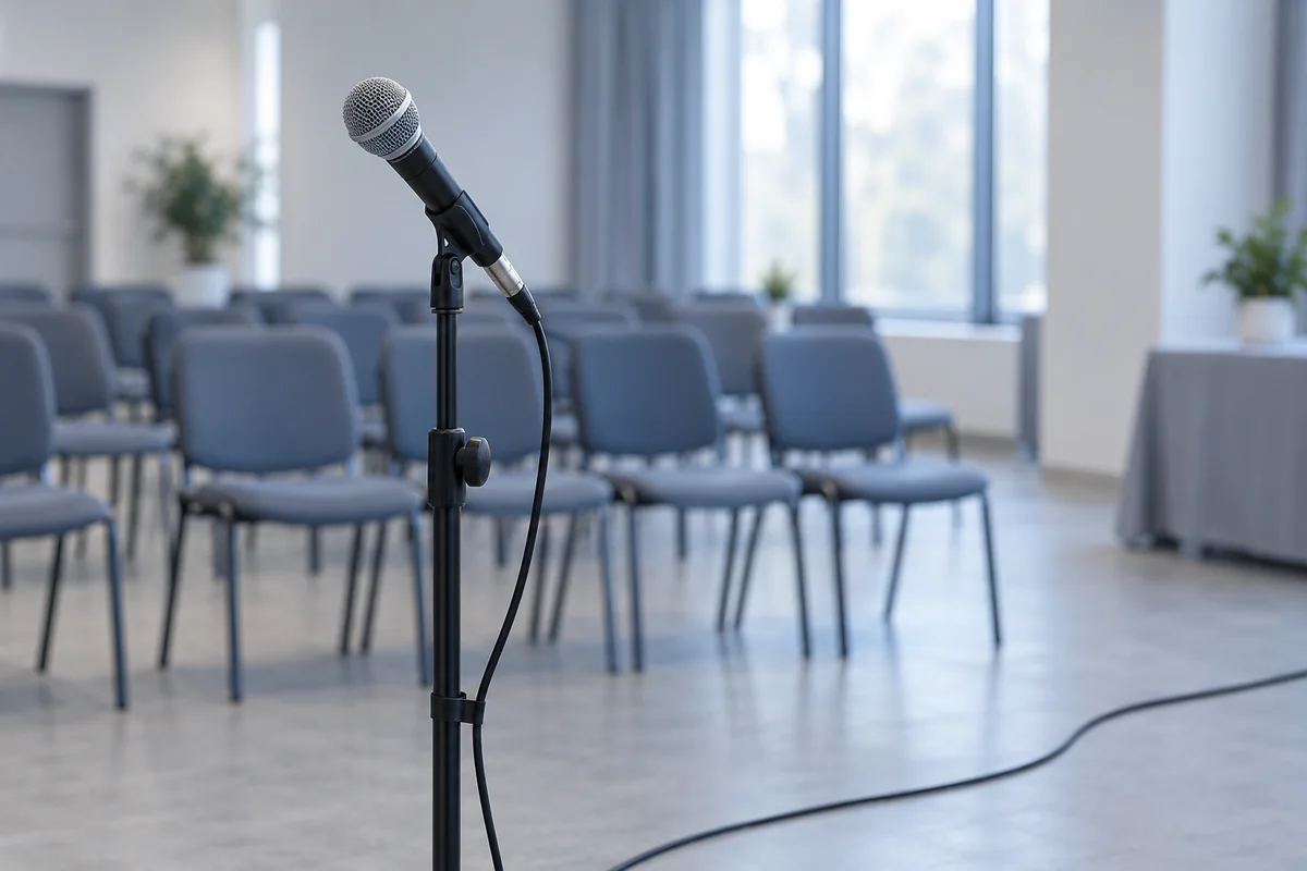 A microphone on a stand with its cable plugged in and running across the floor of an event room.