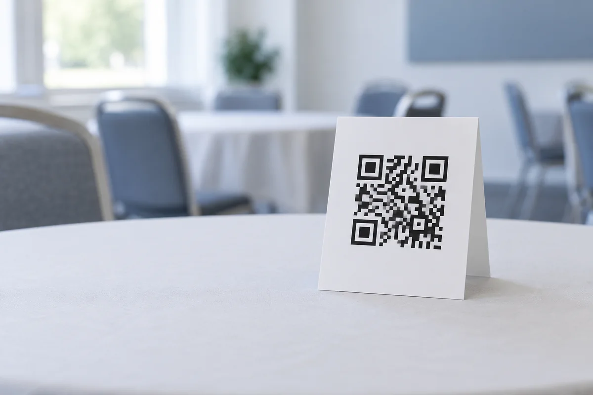 A folded card with a QR code standing on a table in an event room.