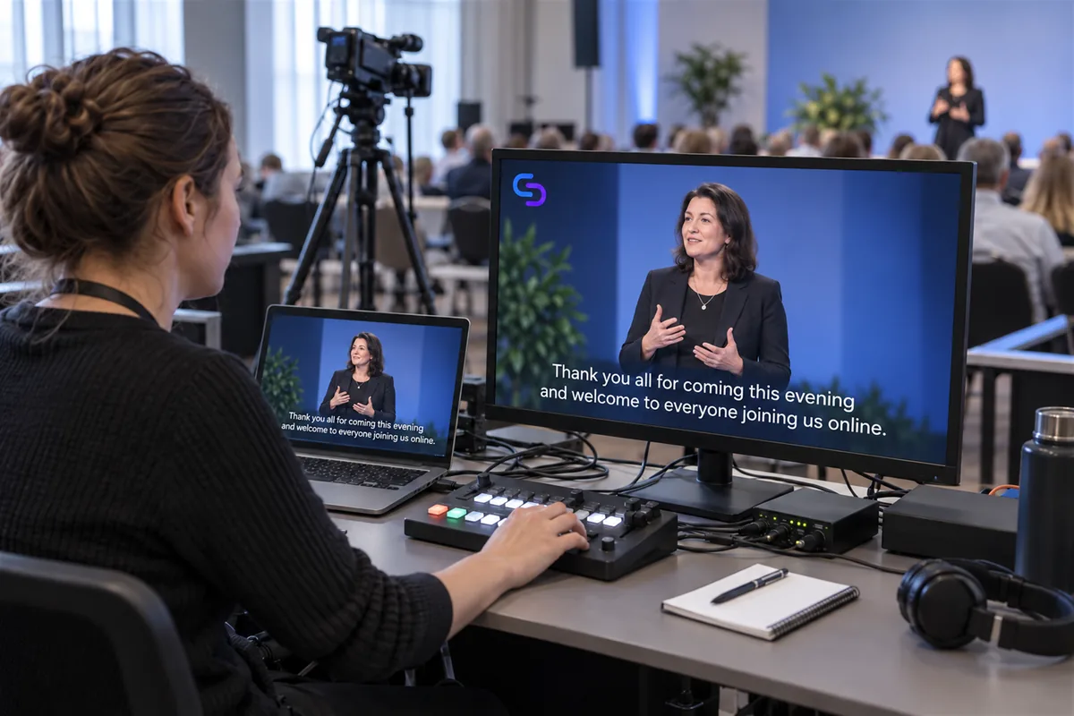 A seated operator runs an event live stream while the monitor and laptop show the speaker with two lines of white captions over the picture.