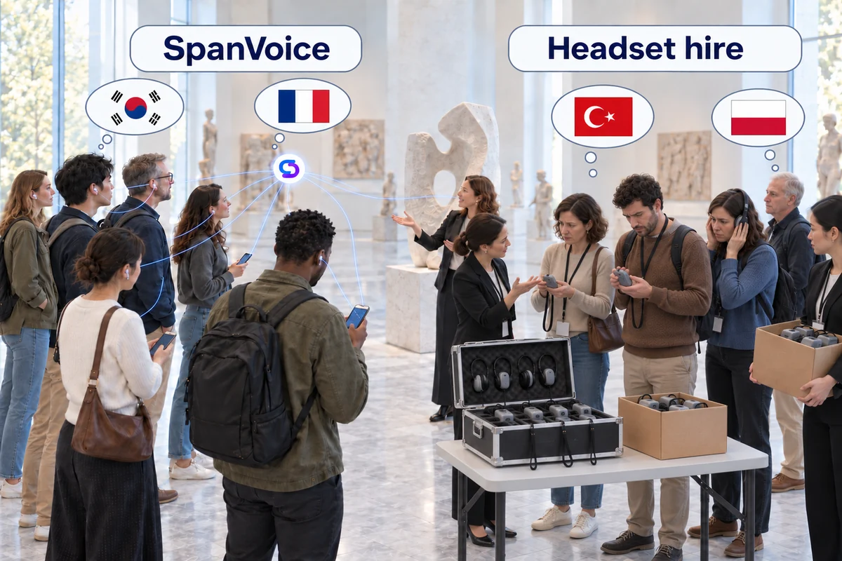 One guided tour, two ways of hearing it: on the left, relaxed visitors with earphones and phones under a SpanVoice label; on the right, visitors being handed hired receivers from a flight case and boxes, one of them not working, under a Headset hire label.