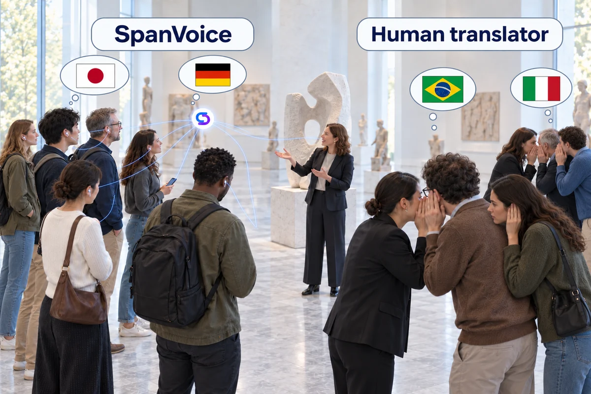 One guided tour, two ways of hearing it: on the left, relaxed visitors with earphones and phones under a SpanVoice label; on the right, two huddles straining to hear whispering interpreters under a Human translator label.