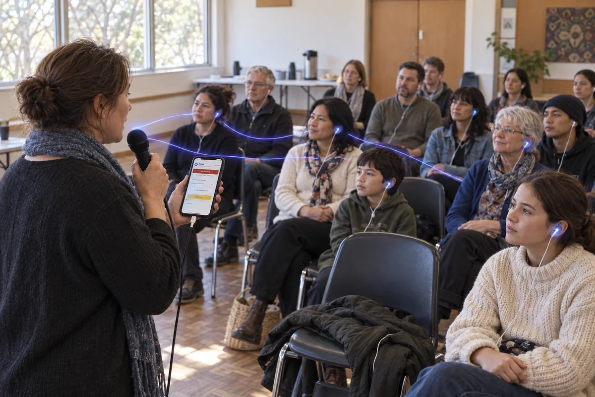 An organiser holds a microphone and connected phone as a larger group listens on headphones in a community hall.