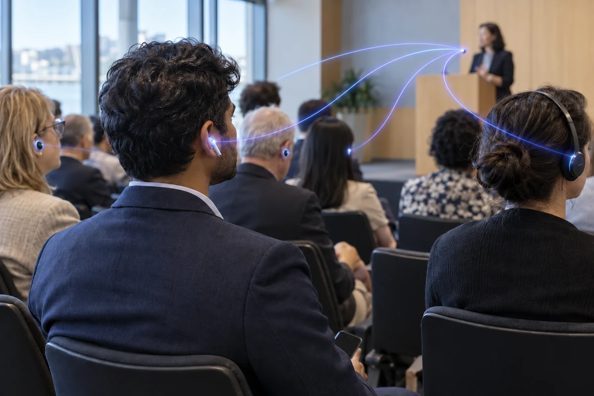 Delegates listen on headphones and earbuds, with blue light trails linking them to the speaker.