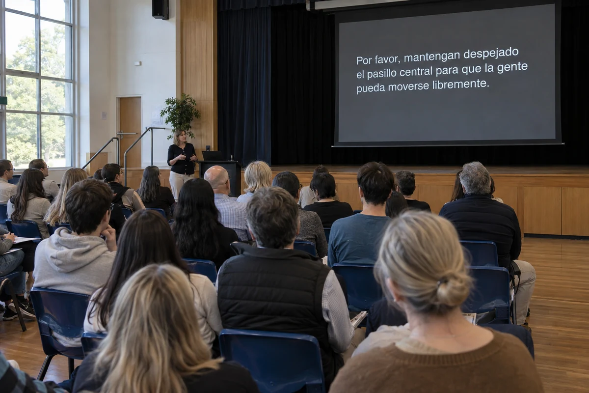 Adults and students face a teacher and projected captions in a school hall.