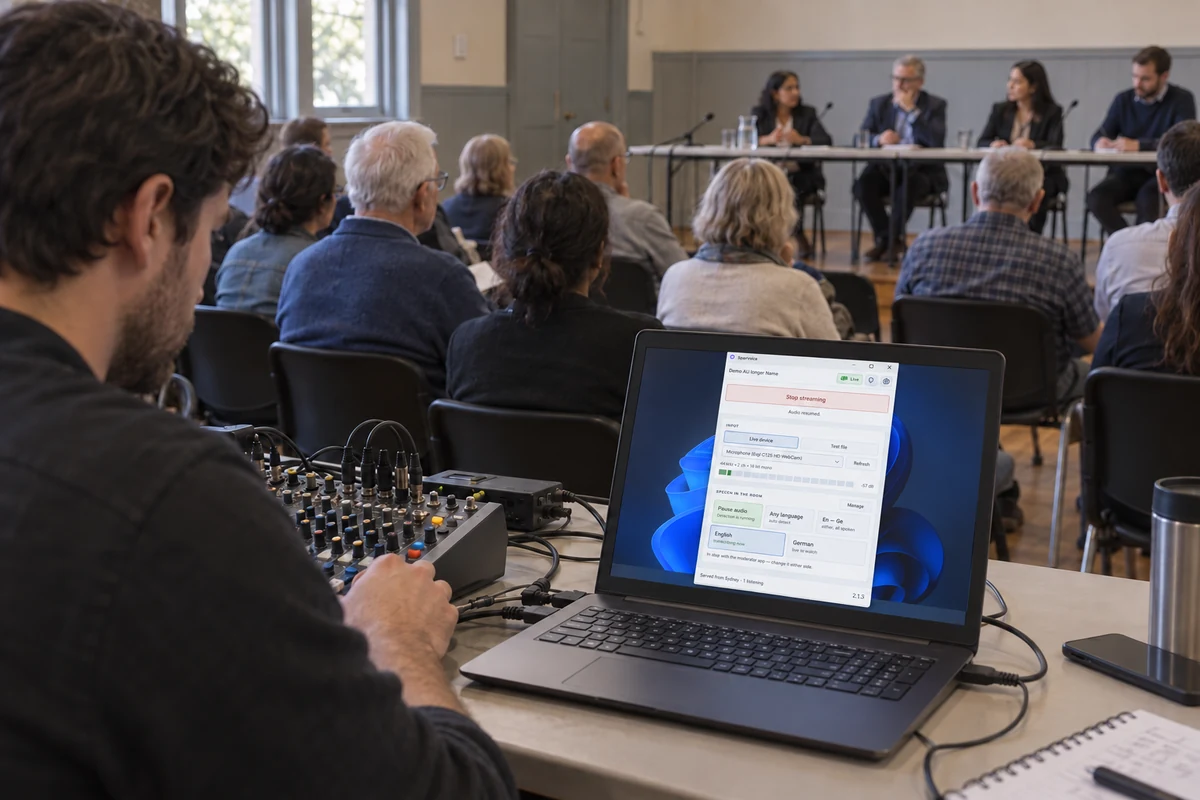 A sound operator uses a mixer and laptop while a panel addresses rows of public seating.