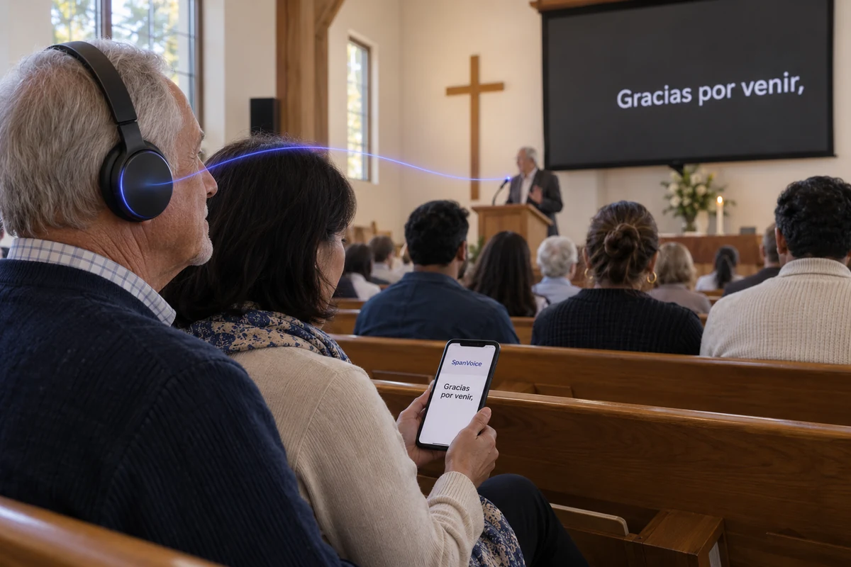 A congregation follows projected captions, with one listener wearing headphones and another reading a phone.
