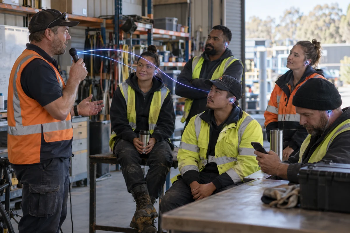Workers in high-visibility clothing listen on earbuds during a workshop briefing.